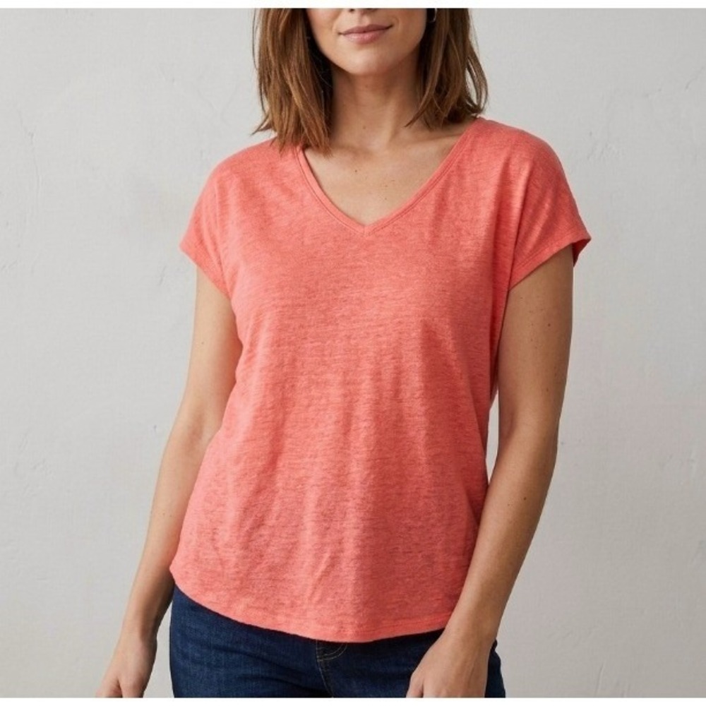 Rachel Zoe Womens Medium Coral Orange 100% Linen V-Neck Cap Sleeve T-Shirt
